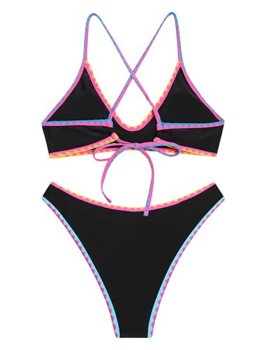 Image of ZAFUL Women's Tie Back Padded High Cut Bralette Bikini Set Two Piece Swimsuit