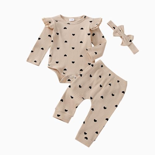 Image of Baby Girl Clothes Newborn Infant Fall Winter Outifts Ribbed Ruffle Long Sleeve Romper Pant Outfit Set 3pcs 0-18Months