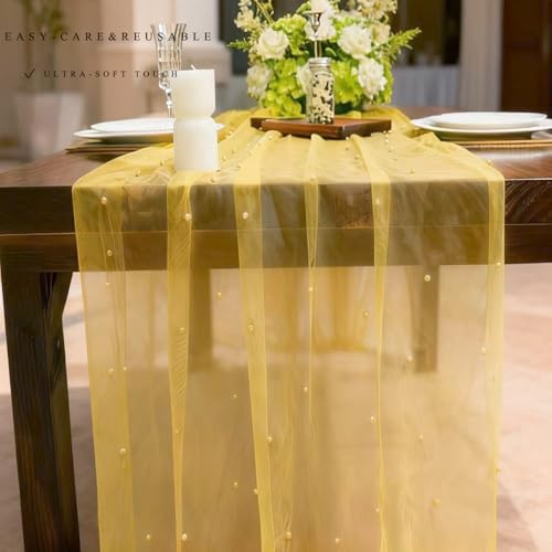 Psasrm Set of 6 Pearl Table Runner 10ft, 29 * 120 Inch Yellow Table Cloth Pearl Sheer Tulle Table Cover,Pearl Table Runner for Wedding Party Baby Shower Birthday Home Decor by Psasrm - Used condition - Image 7
