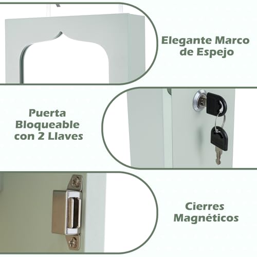 COSTWAY Espejo Joyero de Pared, Armario Joyero con Espejo de Cuerpo Entero, Iluminación LED, Armario para Joyas de Puerta con 6 Cajones, Cerradura, Gran Espacio de Almacenamiento - imagen 2