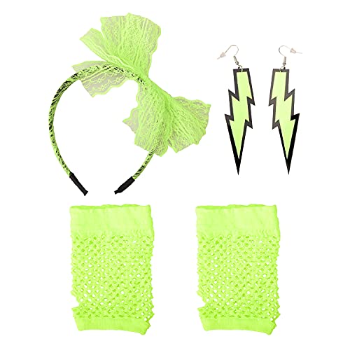 Parieo 3 Stück 80er Jahre Kostüm Zubehör Retro Spitze Stirnband Neon Ohrringe Fingerlose Fischnetz Handschuhe, grün, Einheitsgröße