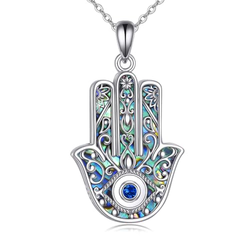Image of VONALA Valentines Day Evil Eye Hamsa Hand Necklace 925 Sterling Silver Hamsa Hand Abalone Penant Fatima Blue Eye Jewellery Valentine's Gifts for Women
