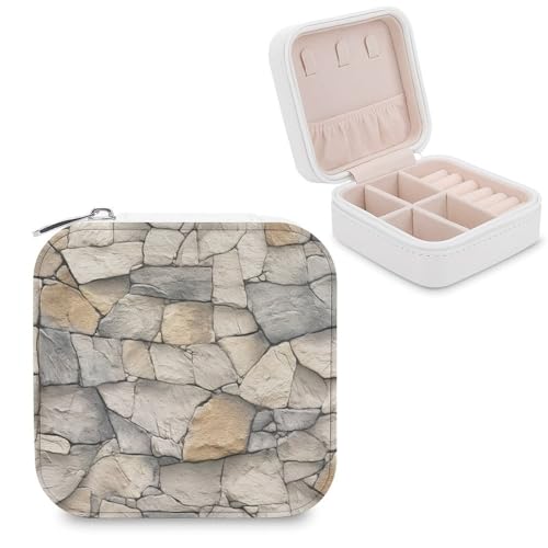 Jubonexis Joyero pequeño con textura de pared de piedra, organizador de joyas, portátil, de piel sintética, mini estuche de viaje