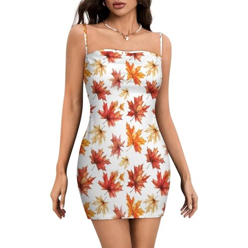 Mini vestidos sexys para mujer, vestidos ajustados con estampado de hojas de arce vintage y tirantes delgados cortos para mujer, Style-20, S