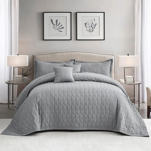 Image of Oversized Queen Bedspread, Geometric Diamond Stitched Quilt Set Queen, Lightweight Reversible Coverlet, Straight Edge - Modern Classic Look, 5 Piece, Grey