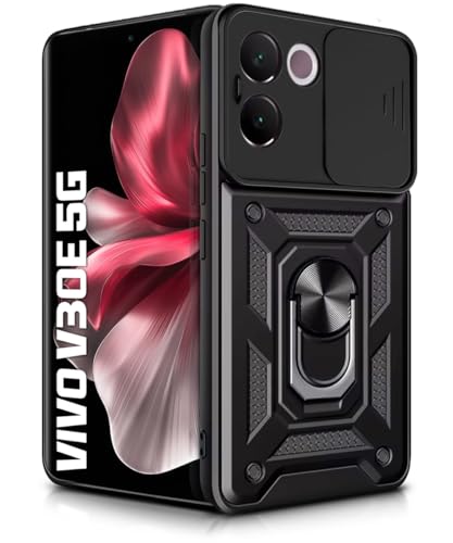 Image of WOW IMAGINE Tough Armor Bumper Mobile Back Case for Vivo V30e 5G | Sliding Camera Shield Cover | Shock Proof 360 Protection | Hybrid PC + TPU | Ring Holder with Kickstand - Black