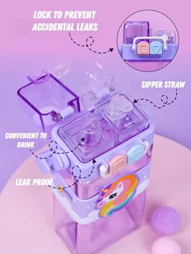 Image of Water Bottle Anti-Leak Kids Unicorn School Water Bottle, 520 ML BPA Free, Cute Rainbow Design Dual Cap With Straw, Strap & Carry Handle (Purple)