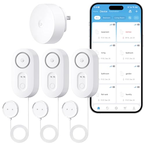 GoveeLife Upgraded Smart Water Leak Detector 1s with 4.92 ft Sensor Cable, WiFi Water Sensor with SMS/Email/APP Push and Sound Alarm, 5-Year Battery Life, Suit for Home, Basement, Kitchen (3 Pack)