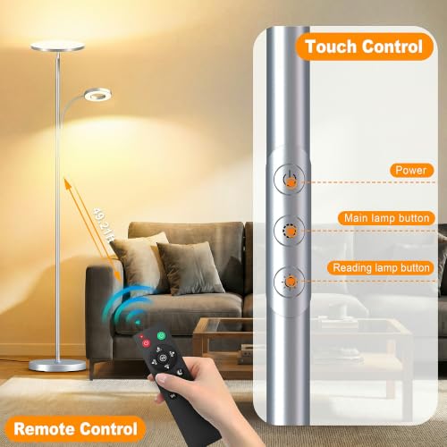 Image of marctronic Silver Modern Floor Lamp, 42W 4000LM High Lumen Output, Full Range Dimming & Preset Modes, Touch Control Standing Lamp for Living Room /Reading Nook