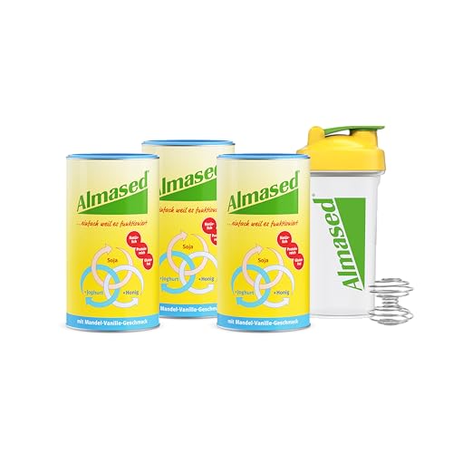 Almased Mandel-Vanille – 3er Bundle + Shaker – flexibler Mahlzeitenersatz zur Gewichtsreduktion - natürliche Zutaten – hoher Proteingehalt – 3x500g – 30 Portionen