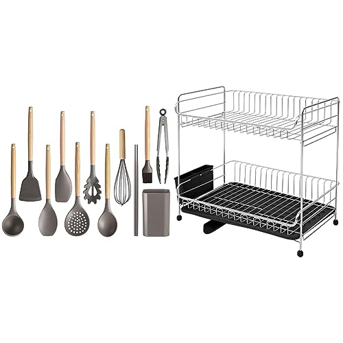 【セット買い!】「キッチンツール×水切りラック」アイリスオーヤマ キッチンツール 11点セット 泡立て器 収納がしやすいツールスタンド付き 丈夫なシリコン素材 こすっても鍋やフライパンのコーティングを傷つけない り フライ返し おたま トング チャコールグ