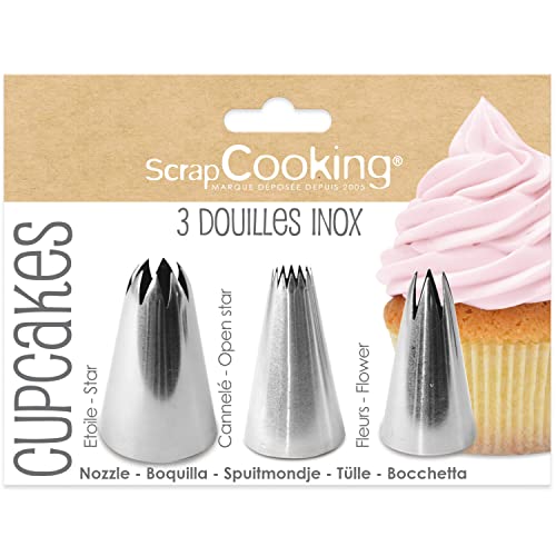 ScrapCooking 1833 3 Pastry Nozzles for Cupcakes - Professional Quality Stainless Steel Nozzles - Piping Bags - Cake Dessert Decoration