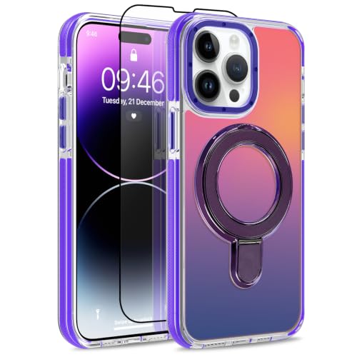 Image of Magnetic for iPhone 14 Pro Case with Stand [Compatible with Magsafe] [Cute Fashion Fluorescent Design] [1 Screen Protector] Slim Translucent Matte Case for iPhone 14 Pro 6.1 inch 2022, Purple