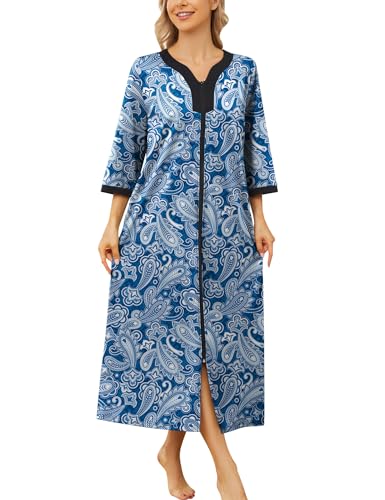 Image of Bloggerlove House Dresses for Women Zip Up Robes Soft Cotton Nightgown Half Sleeve House Coat Long Night Gowns Sleepwear