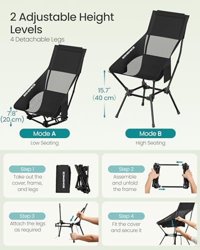 Image of SONGMICS Lightweight Backpacking Chair, Adjustable Height, Steel Frame | 330 Lb Capacity, 2 Storage Pockets, for Outdoor Travel, Black UGCB051BZ01