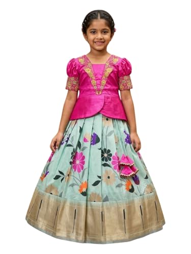 Image of White Button Girls South Indian Pattu Pavadai | Traditional Digital Print Satin Lehenga Choli Set