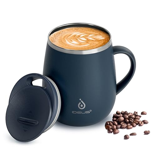 Ideus Kaffeebecher 470 ml (16 oz), doppelwandige vakuumisolierte Kaffee- und Teetasse aus Edelstahl mit rutschfestem Griff und Schiebemoduldeckel und großem Volumen (Marineblau)