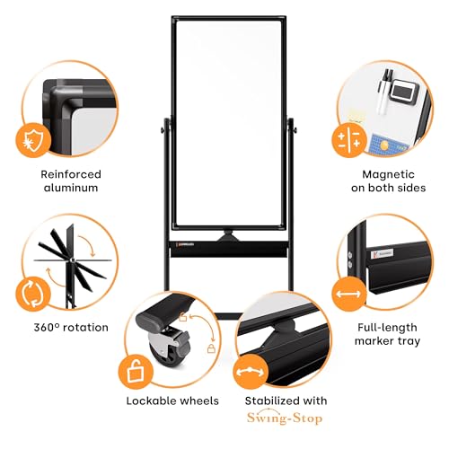 Image of Rolling Dry Erase Board 24 x 48 - Large Portable Magnetic Whiteboard with Stand - Double Sided Easel Style Whiteboard with Wheels - Mobile Standing White Board for Office, Classroom & Home