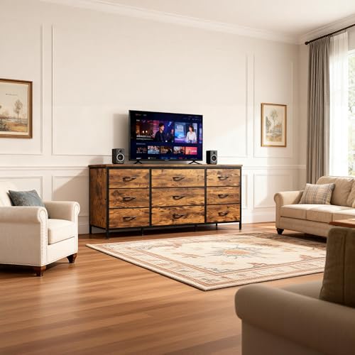 EnHomee TV Stand with 9 Wide Drawer Dresser, 47 inch Long Dresser for Bedroom, Sturdy Metal Frame, Hallway, Entryway, Dorm, Rustic Brown