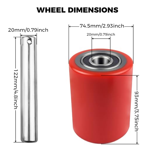 Image of Heavy Duty Pallet Jack Load Wheels Kit, Red 3x3.75 In, 10 Pcs | Polyurethane PU Tread, Pre-Installed Bearings with 20mm ID, Includes Axles and Pins, Truck Jack Repair Parts