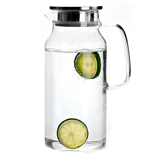 Cupwind 55 oz Glass Pitcher with Stainless Steel Lid, Hot/ Cold Water Carafe with Handle, Juice and Ice Tea Pitcher