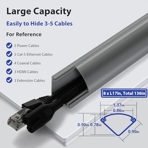 Image of 136in Corner Cable Concealer, Large Corner Cord Hider, Wire Covers for Cords, Paintable Corner Cord Cover, Cable Management Channel Cable Raceway for Wall, Floor Baseboard, Ceiling -8 X L17in