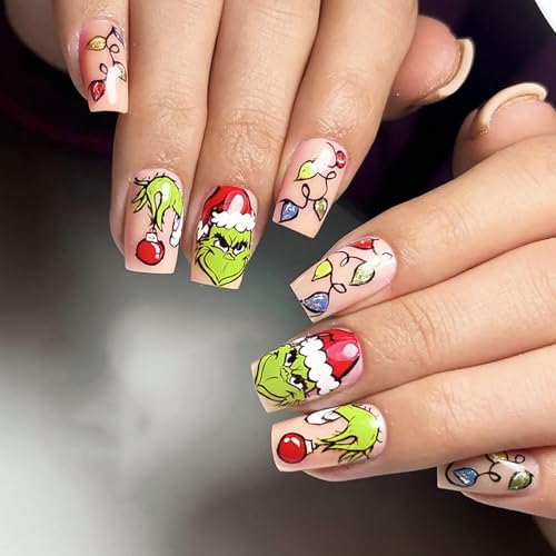 Caiguoer 24 Stk. Weihnachts-Künstliche Nägel Rot Lange Künstliche Nägel mit Weihnachtsmütze Aufdruck auf Nägeln für Frauen (A)