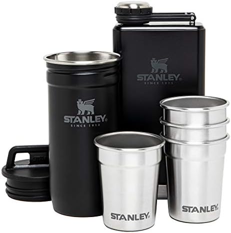 Stanley Stainless Steel Shot Glass And Flask Gift Set, Outdoor Adventure Pack With 4 Metal Shot Glasses, 8oz Whiskey Flask, And Travel Carry Case
