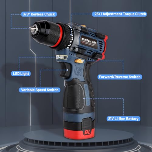 Akku Bohrschrauber mit Bürstenloser Motor - 16.8V Akku Bohrmaschine Bürstloser mit 2000mAh Akkus, 60 N.m, Drehmoment auf 23+1 Stufen, Akkubohrer Klein Akku Schrauber mit 25PCS, LED Licht 2