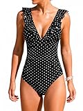 CUPSHE Traje de baño de una pieza para mujer, con volantes, con cordones, control de abdomen, traje de baño, Negro/Lunares, M