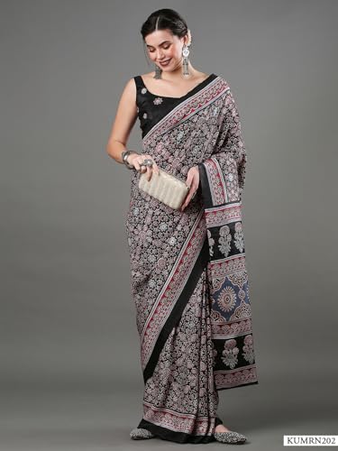 Image of SAREE MALL Women's Ajrak Block Print Dola Silk Saree With Unstitched Blouse Piece