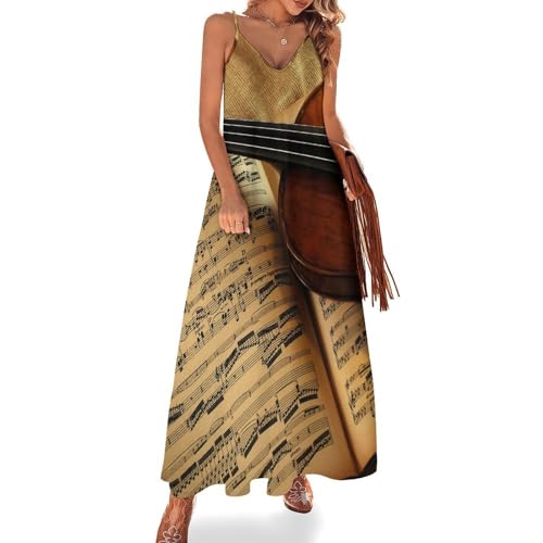 Robe maxi col V imprimé musique de guitare pour style bohème d'été