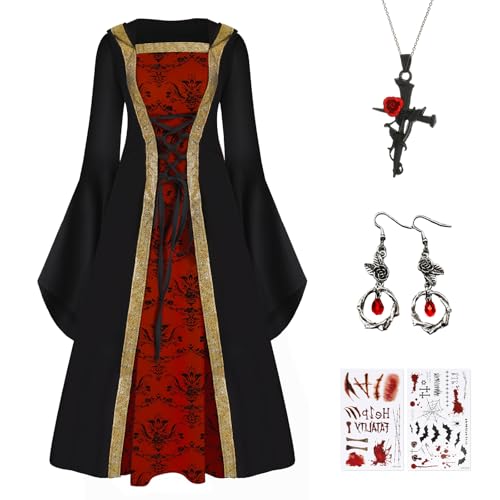 IEEILULU Vampir Kostüm Damen, Mittelalter Kleidung Damen Gotisch Kapuzen Vampirkostüm mit Halskette und Ohrringen, Kostüm Damen für Halloween...