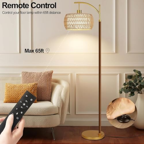 Image of ZECOXOL Wood Floor Lamps for Living Room Arc Boho Floor Lamp with Remote Control & 3 Color Temperatures,Vintage Wicker Rattan Standing Lamp Dimmable Tall Floor Lamp for Bedroom Living Room Corner