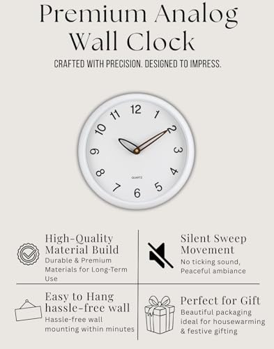 Image of WHISKET - 12 Inch | Radium Silent Sweep Clock | Glow in Dark Clock, Classic Analog Silent Movement, Elegant Design for Drawing Living Room& Bedroom, Office.(MATT White)