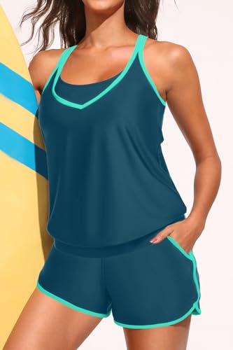 Image of Holipick Blouson Tankini Swimsuits for Women - Two Piece Tummy Control Bathing Suit with Shorts Modest Swimwear