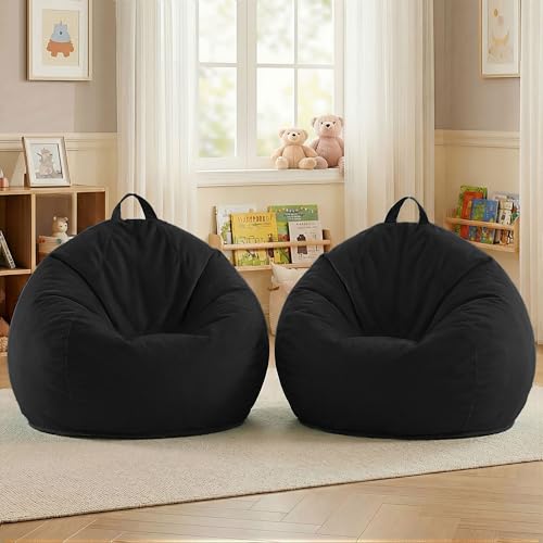 Image of HABUTWAY 2FT Bean Bag Chair 2-Pack, 2' Beanbags Small Bean Bag Chairs with Filling, Teardrop Bean Bag Chair Luxurious Velvet Ultra Soft Fur with Removable Cover(Black)