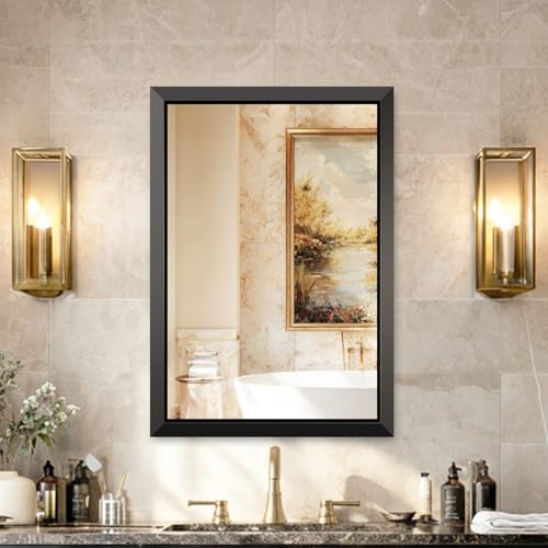 Image of USHOWER 24x32 Inch Brushed Black Bathroom Mirror for Over Sink | Beveled Aluminum Frame Vanity Mirror, Anti-Rust, HD Reflection, Shatter-Proof Protection, Modern Rectangle Mirror