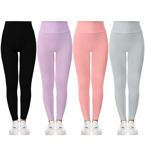 Boyiee 4 Pcs Girls Athletic Leggings Kids Running Yoga Pants Workout Active Dance Tights for Youth