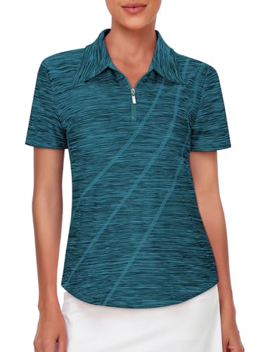 Women's Golf Shirts,Ladies Golf Tops Dry Fit 1/4 Zip Up Workout Tunics Curved Hem Fast Dry Lightweight Breathable Wicking Activewear Polo,Blue-Large
