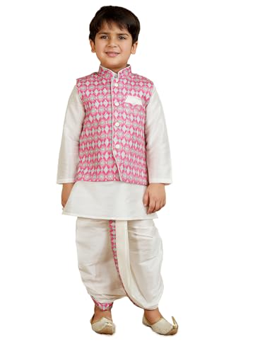 Image of AJ DEZINES Kids Silk Blend Full Sleeve Embroidered Dhoti Kurta Set for Boys - Ethnic wear | Traditional & Festival Wear|Waistcoat for boys - Regular Fit