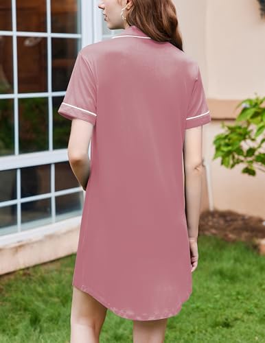 Image of Ekouaer Nightgowns for Women Button Down Sleepshirt Short Sleeve Nightshirt Boyfriend Pajamas V Neck Nightdress S-XXXL