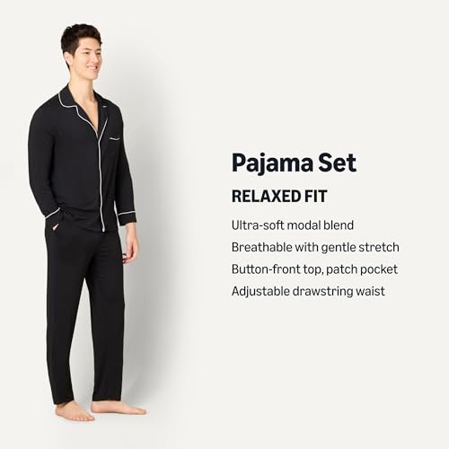 Image of Amazon Essentials x Sofia Grainge Men's Long Sleeve Relaxed Fit Breathable Modal Jersey Pajama Set, Loungewear