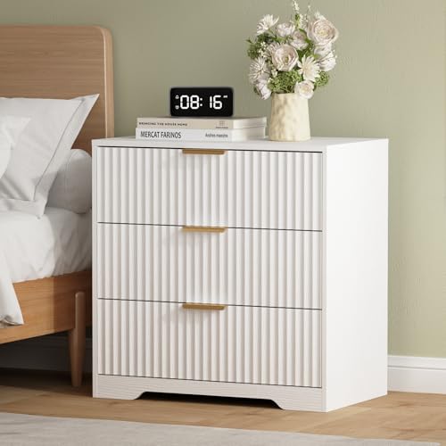 Furnulem Fluted Night Stand with 3 Drawers – White Bedside