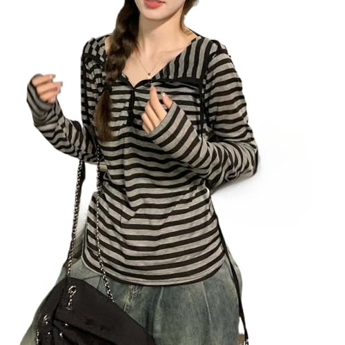 Harajuku Grunge Y2K Striped T Shirt Oversized Long Sleeve Hooded Sweatshirt Emo Alt Streetwear Pullover Indie Top (Small,Grey)