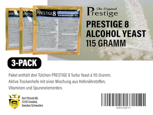 Prestige 8 Turbo-Hefe 18 Prozent, 3er-Pack - Allzweckhefe für die Heimbrauerei, eignet sich für die Gärung von Wodka, Wein, Weinbrand und Fruchtschnäpsen | 3x 115 g