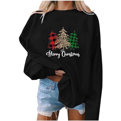 luoluoluo Women Christmas Tops UK Deals Ladies Jumper Crew Neck Long Sleeve Pullover Christmas Tree Blouse Loose Fit Sweatshirts Oversized Autumn Winter Sweater Merry Christmas Slogan Print T-Shirt