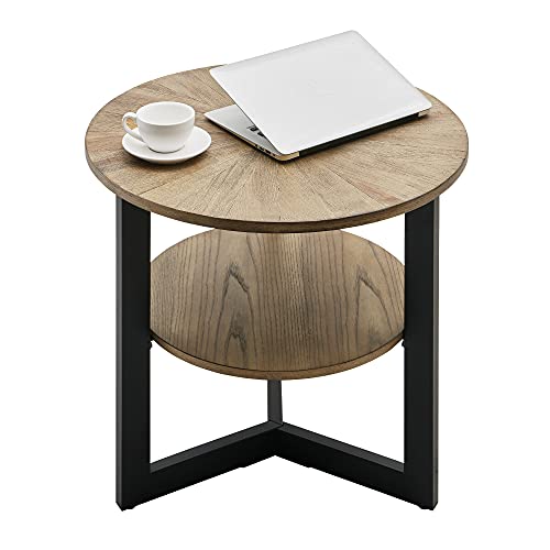 Moderion Round Large End Table With 2 Tire Storage Shelf, 25.2” Solid Wood Sofa Side Table With Black Metal Frame, End Table For Bedroom,Living Room,Small Space Rustic Natural Cjz1338 #TOP2