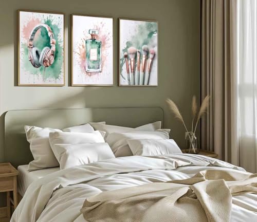 3Pcs Tween Teen Girls Bedroom Wall Art Picture Sage Green Rose Gold and Silver Prints Music Lover Teenager Poster Perfume Makeup Brushes and Headset Wall Decor for Mature Girl Dorm 16x24in Unframed by LCZDXGR - Used condition - Image 5