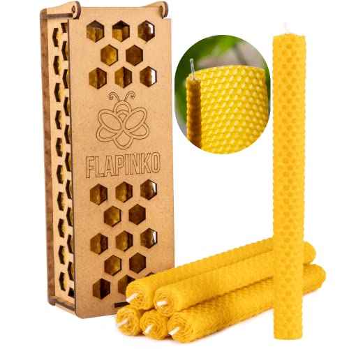 Beeswax Candle Set Taper FLAPINKO Handmade, 6 pcs | 100% Pure,Organic,Natural,Cotton Wick | Honeycomb Texture | Real Bees Wax Candles Gift Set with Wooden Box|Premium, Dinner,Bistro